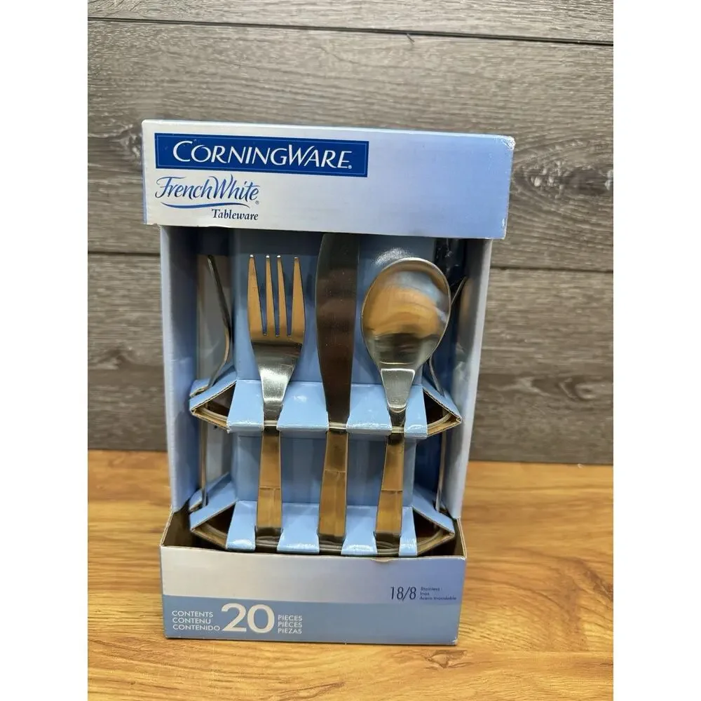 CorningWare French White Flatware Set 20 Piece 18/8 Stainless Steel New In Box